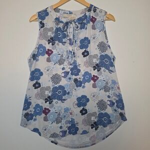 LOFT Floral Print Sleeveless Tie Neck Blouse Blue Purple Size Large